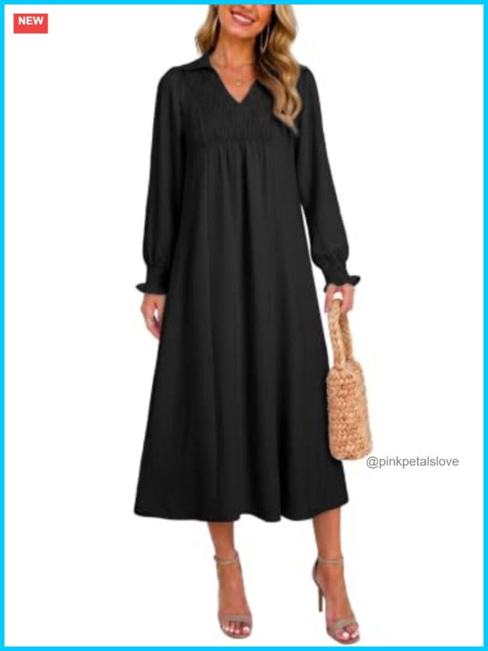 V Neck Puff Long Sleeve Empire Waist Maxi Dress Flowy A-Line Casual